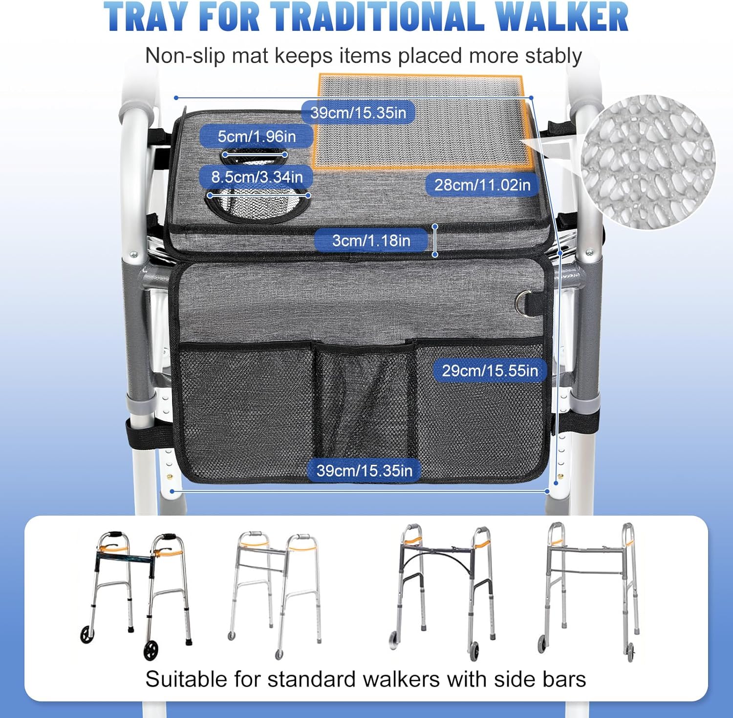 Rhino Valley Walker Tray for Folding Walker, Tray for Walkers with Non-Slip Mat for Food, 3 Front Pockets & 2 Cup Holders, Fits Most Standard Folding Walkers, Walker Accessories for Senior,Gray