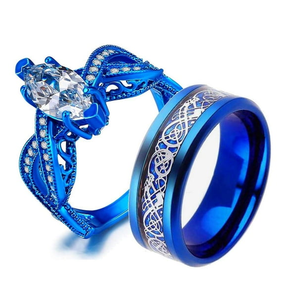LOVERSRING Two Rings His and Hers Couple Ring Bridal Set His Hers Women Blue Gold Plated Cz Man Stainless Steel Wedding Ring Band Set