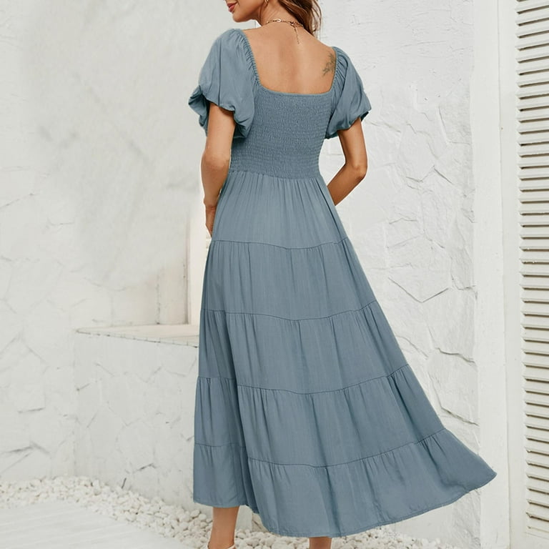 AOOCHASLIY Ladies' Holiday Dress Women's Summer Solid Color High Waisted  Bubble Sleeve Waist Cinching Dress - Walmart.com