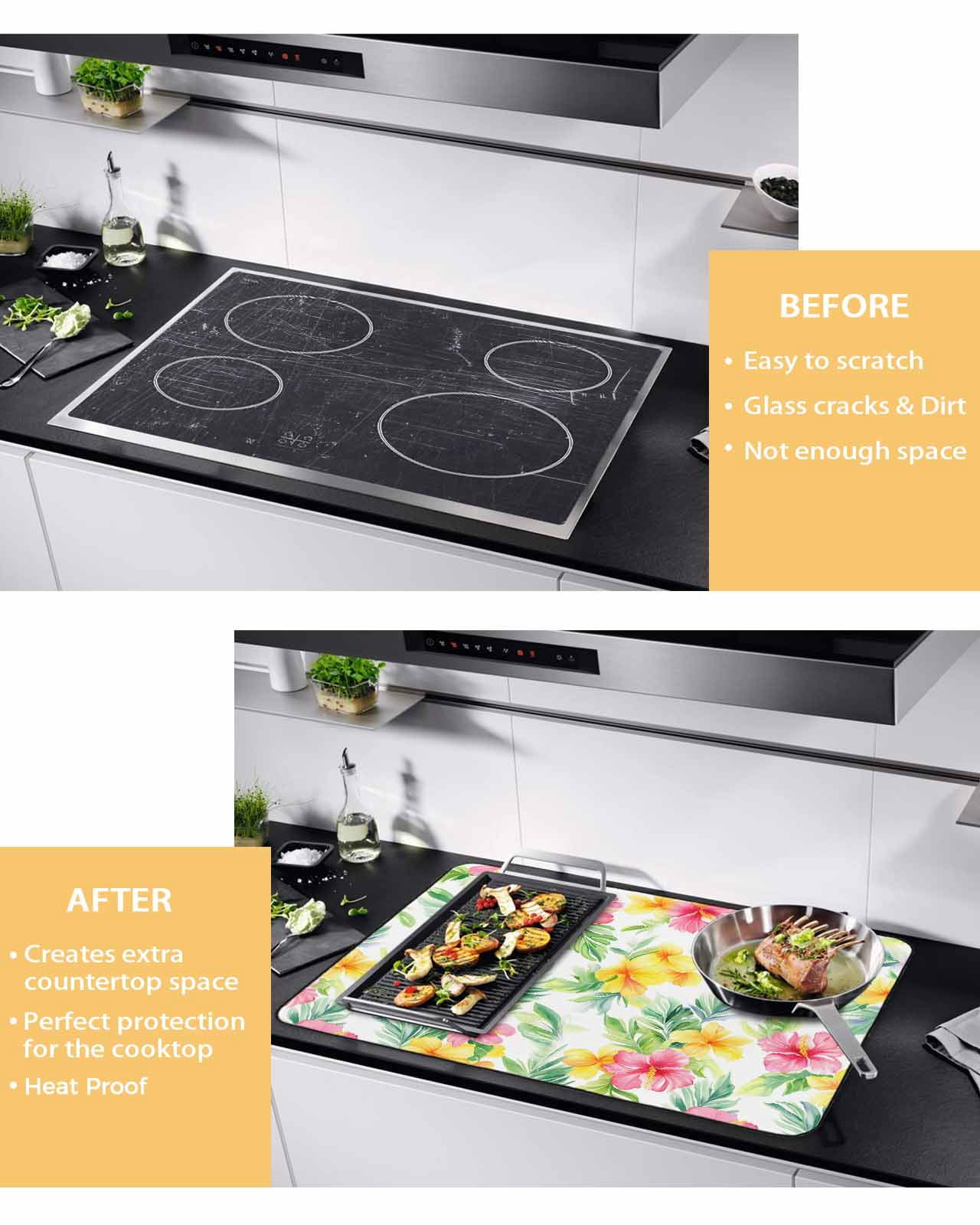 nqOlkjepod Large Induction Cooktop Protector Mat 24"x21", Summer Flowers Stove Top Covers for Electric Stove, Watercolor Tropical Plants Leaves Florals Stove Burner Cover Mats, Glass Top Stove Cover