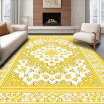 Flatwoven High Traffic Area Rug, Artistic Tiled Floral Motif, Non Slip, Stain Resistant, Washable Area Rugs for Living Room, Bedroom(Yellow, 4X6)