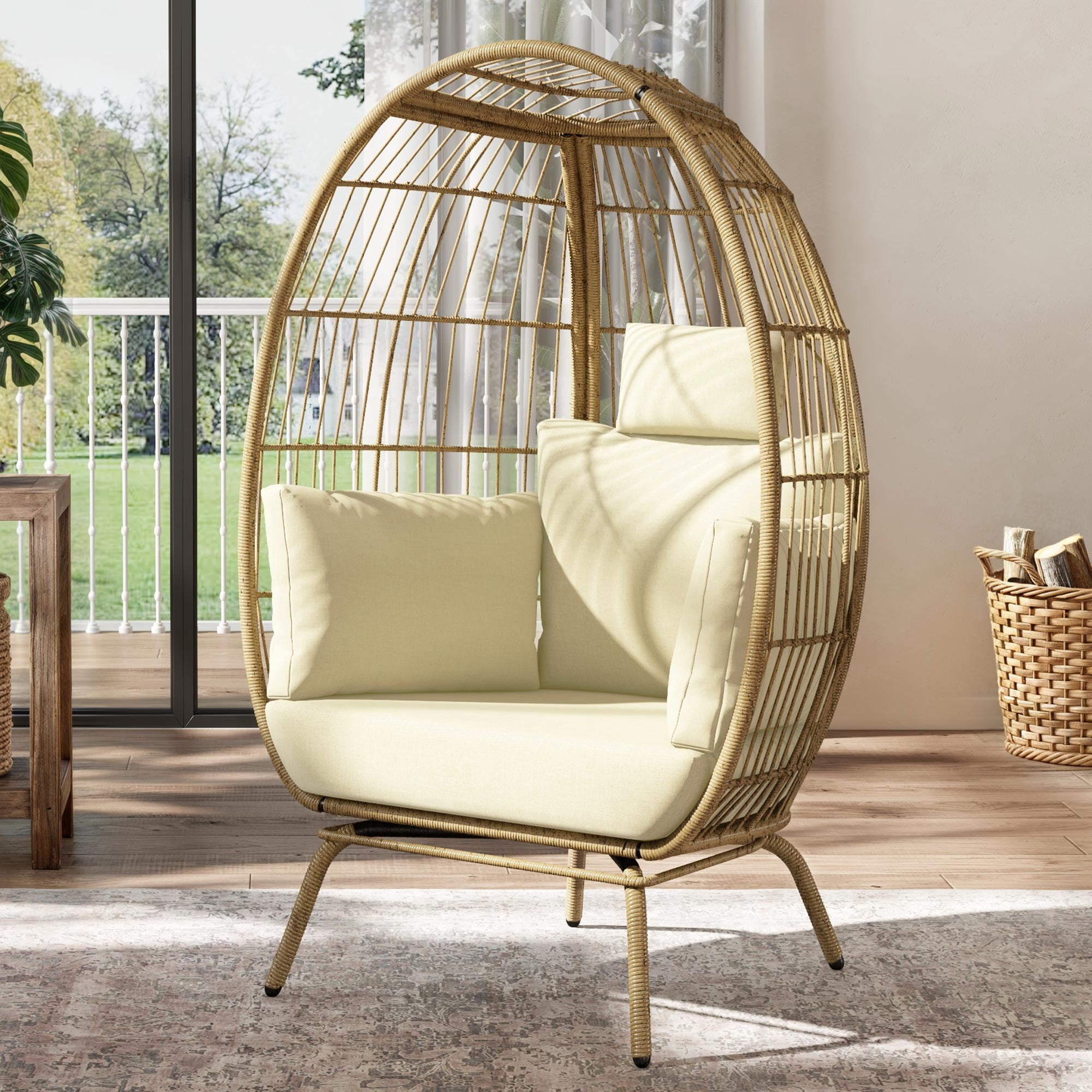 Uforic Outdoor Wicker Egg Chair with Cushion,Patio Wicker Basket Chair with Stand,Cocoon Chair - Beige