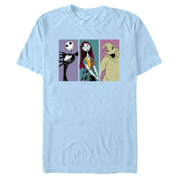 Men's The Nightmare Before Christmas Jack, Sally, Oogie Panels Graphic Tee Light Blue Small