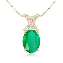 ANGARA Natural Oval 1.1 ct Emerald XO Pendant with Diamonds in 14K Yellow Gold for Women (Size-8x6mm) | May Birthstone, Birthday, Anniversary, Jewelry Gift for Women | Natural Emerald Necklace