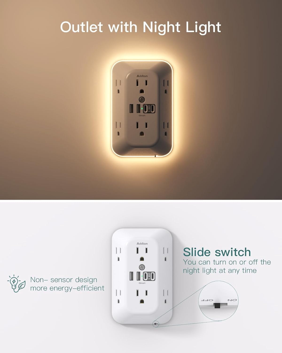 Sur Protector Outlet Extender, 6 Outlet Splitter with Night Light and 4 USB Wall Charr(2 USB-C Ports), Multi Plug Wall Outlet Power Strip for Home Office Dorm Room Essentials