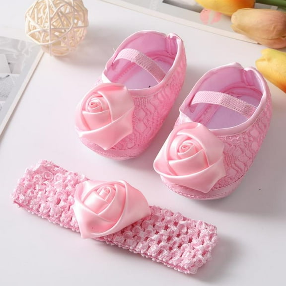 Baby Girl Satin Cloth Rose Flower Princess Shoes with Headband Set