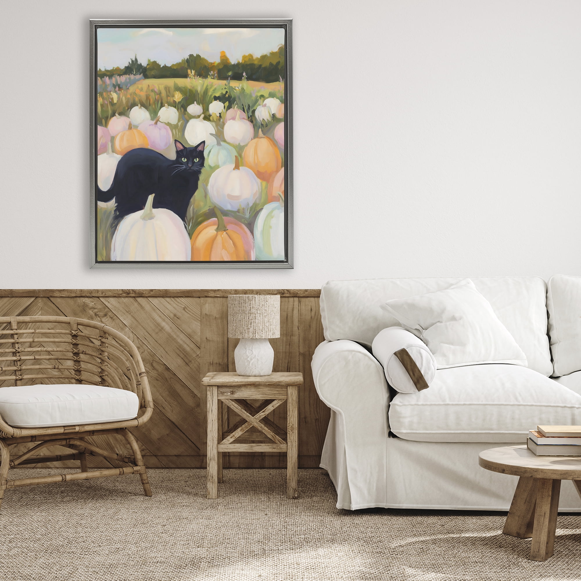 Stupell Industries Kitten & Pumpkins in Field Gray Framed Floater Canvas Wall Art, design by The Prints Vibe