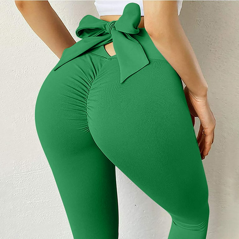 Hfyihgf Leggings for Women High Waist Tummy Control Yoga Pants Back Tie Bow  Hip Lift Workout Fitness Running Tights(Green,S) 