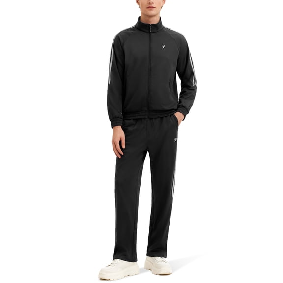 Men's 2Pc Full Zip Tracksuit, 4 Way Stretch with Reflective Stripes & Zipper Pockets, Straight Leg for Golf Running Gym Black S