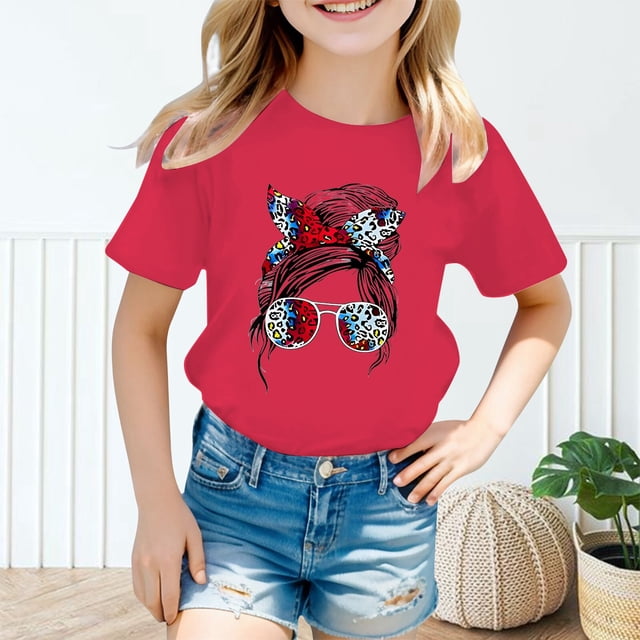 Hauts et Chemises pour Filles, T-Shirt à Manches Courtes Col Rond Imprimé Graphique Mignon pour Enfants, Chemise Décontractée d'Été Légère pour Tous les Jours