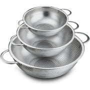 VeSteel Colander Set of 3, Stainless Steel Micro-Perforated Colanders Strainers for Draining Rinsing Washing, Ideal for Pasta Vegetables Fruits, Heavy Duty & Dishwasher Safe - 1/3/5 Quart