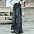 thumbnail image 2 of Ruyang Girls Flare Denim Pants with Pearl Elastic High Waist Baggy Elastic Wide Leg Jeans Cute Fashion Denim Trousers, 2 of 9