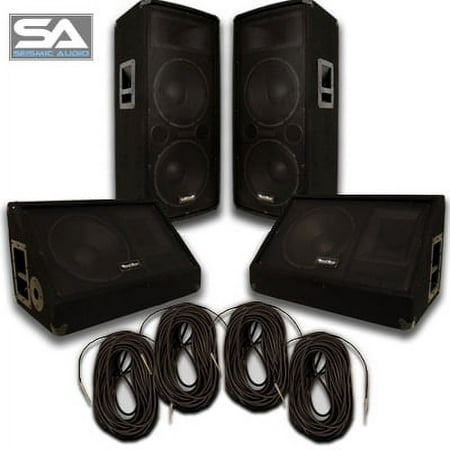 Seismic Audio Pair of Dual 15" PA Speakers, Amplifier, and Cables