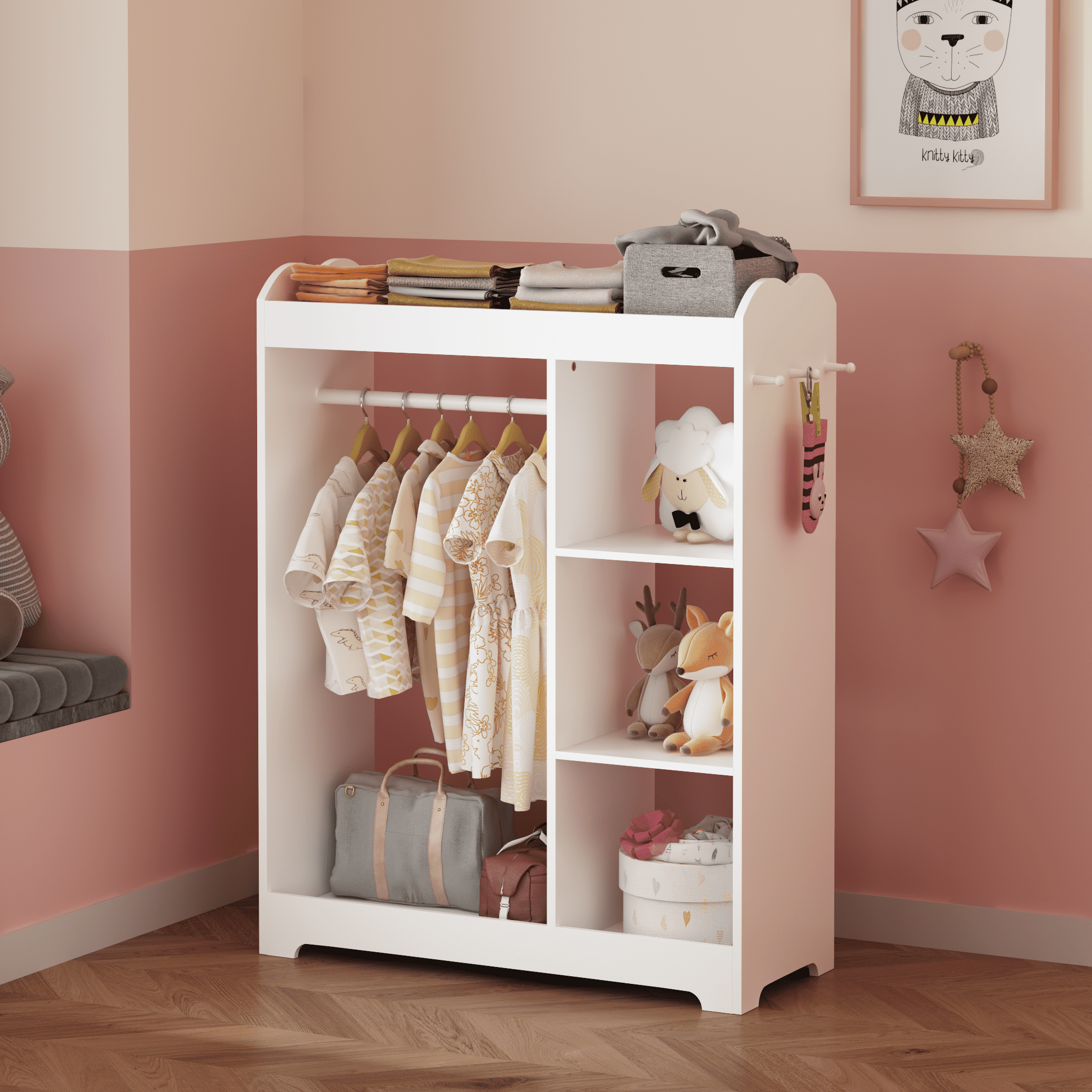 Kids Furniture Kids Dress Up Storage with Mirror and Hooks, Wooden Dress Up Clothes Rack with Hanging Rod, 3 Side Hooks, Storage Shelves and Top Shelf, Toddler Costume Organizer for Playroom Bedroom