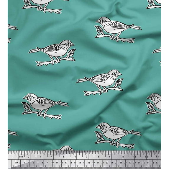 Soimoi Modal Satin Fabric Branch & Bird Block Decor Fabric Printed Yard 42 Inch Wide