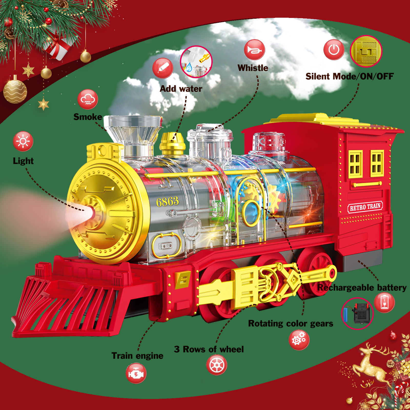 BUBUQE Electric Train Set Christmas Train Toys for Boys with Smokes, Lights and Sound (on/off) Under Christmas Tree for Kids Girls