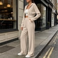 thumbnail image 4 of Naotn Women Ribbed Knit 2 Piece Sweatsuit Set, Full Zip Up Long Sleeve Cropped Hoodies Wide Leg Pants Matching Casual Sets, 4 of 6