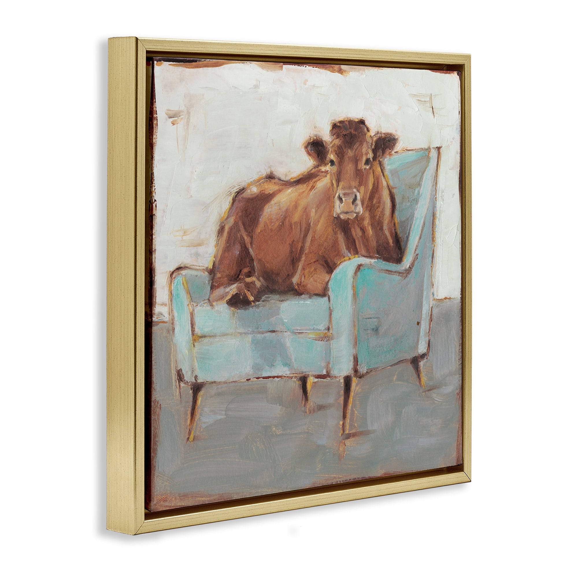 Stupell Industries Bull on Blue Couch Animals & Insects Painting Gold Floater Framed Canvas Art Print Wall Art, 18 x 18