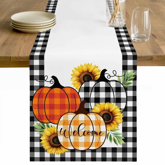Thanksgiving Table Runner 48 Inches Long Farmhouse Dress Scarves, Fall Orange Black Plaid Pumpkin Sunflower Dining Tablerunner for Coffee Table/Kitchen Island/Party Décor, 13" x 48"