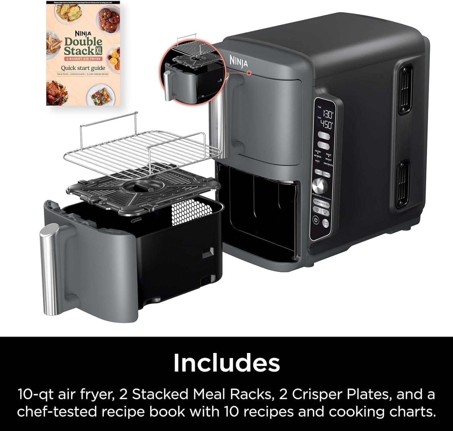 Restored Ninja SL401 DoubleStack XL 2-Basket Air Fryer, Cooks 4 Foods at Once, Compact Design, 10 QT, 6-in-1,  Easy Meals, Easy Clean,Grey (Certified) (Refurbished)