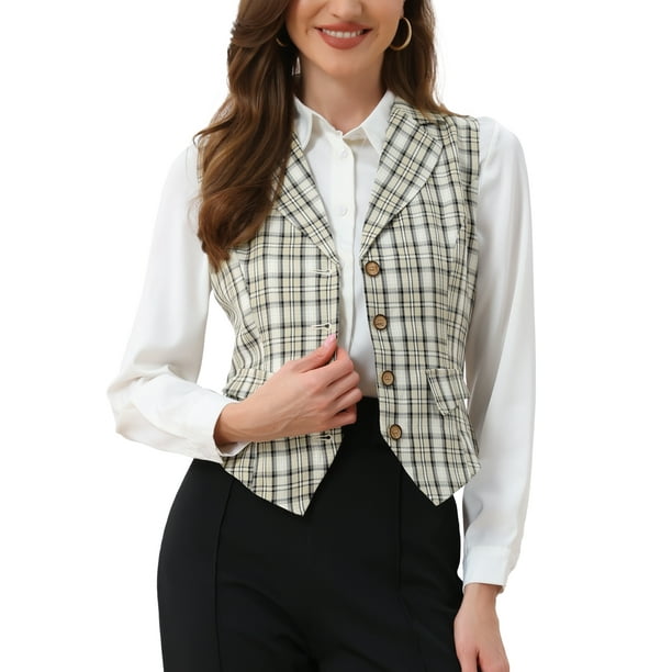 CHALECO DE MUJER INSPIRE CHIC con cuello de solapa muesca, cuello en V, de un solo botón, chaleco vintage de cuadros M albaricoque