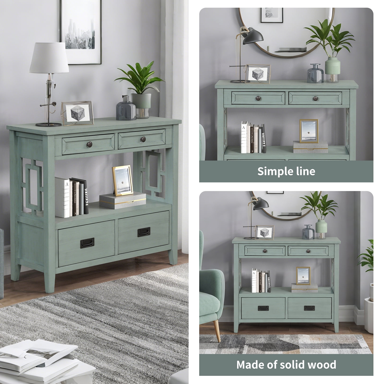 36'' Farmhouse Console Table,Pine Wood Entryway Table with 4 Drawers & 1 Storage Shelf for Entryway Living Room Hallway Kitchen(Retro Blue)