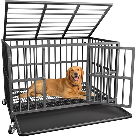 Ironovahome 48" Heavy Duty Dog Crate for Large Dog, Indestructible XL Large Dog Crate, Chew Proof Metal Dog Crate with Removable Tray & Lockable Wheels, Escape Proof for High Anxiety Dogs