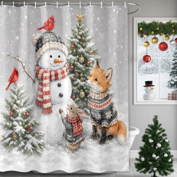 66x72 Inch Shower Curtains for Bathroom, Christmas Snowman Fabric Bath Curtain Decor, Grey Xmas Tree Farmhouse Waterproof Restroom Curtains Shower Set Accessories with 12 Hooks 66 Inch