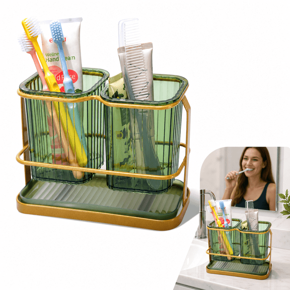 Green Toothbrush Holder with Drainage, 2 Cups Wall Mounted Toothbrush Holders for Bathrooms, Bathroom Organizers and Storage, Toothbrush Organizer Set for Family Kids