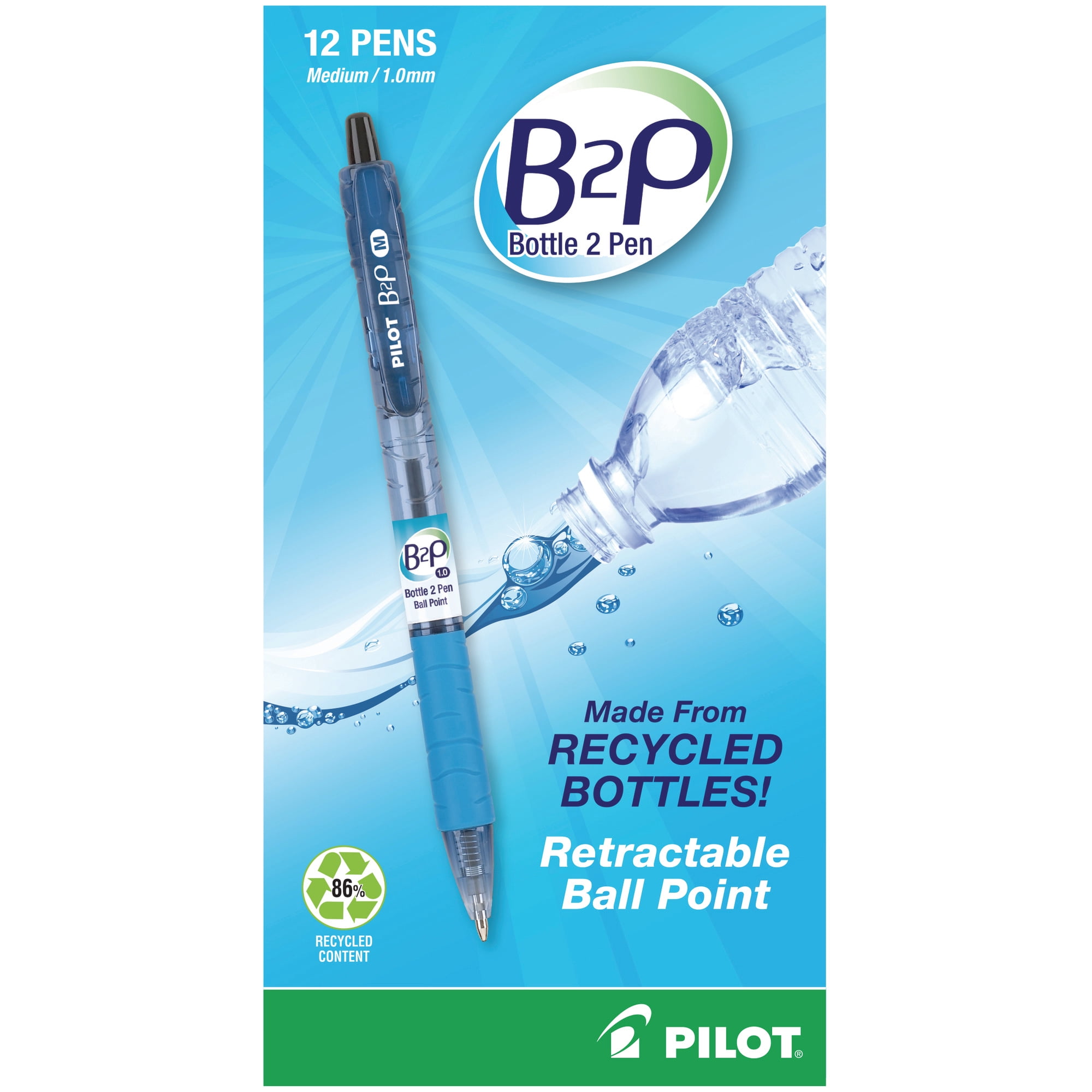 Pilot® B2P 'Bottle To Pen' Retractable Ballpoint Pens, Medium Point, 1.0 mm, 86% Recycled, Translucent Blue Barrels, Black Ink, Pack Of 12