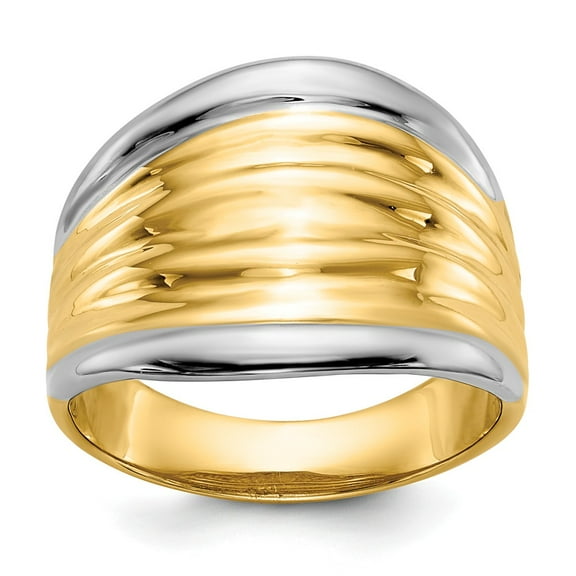 14K Two-Tone Gold Ring Band Fashion & Rhodium Fancy Dome