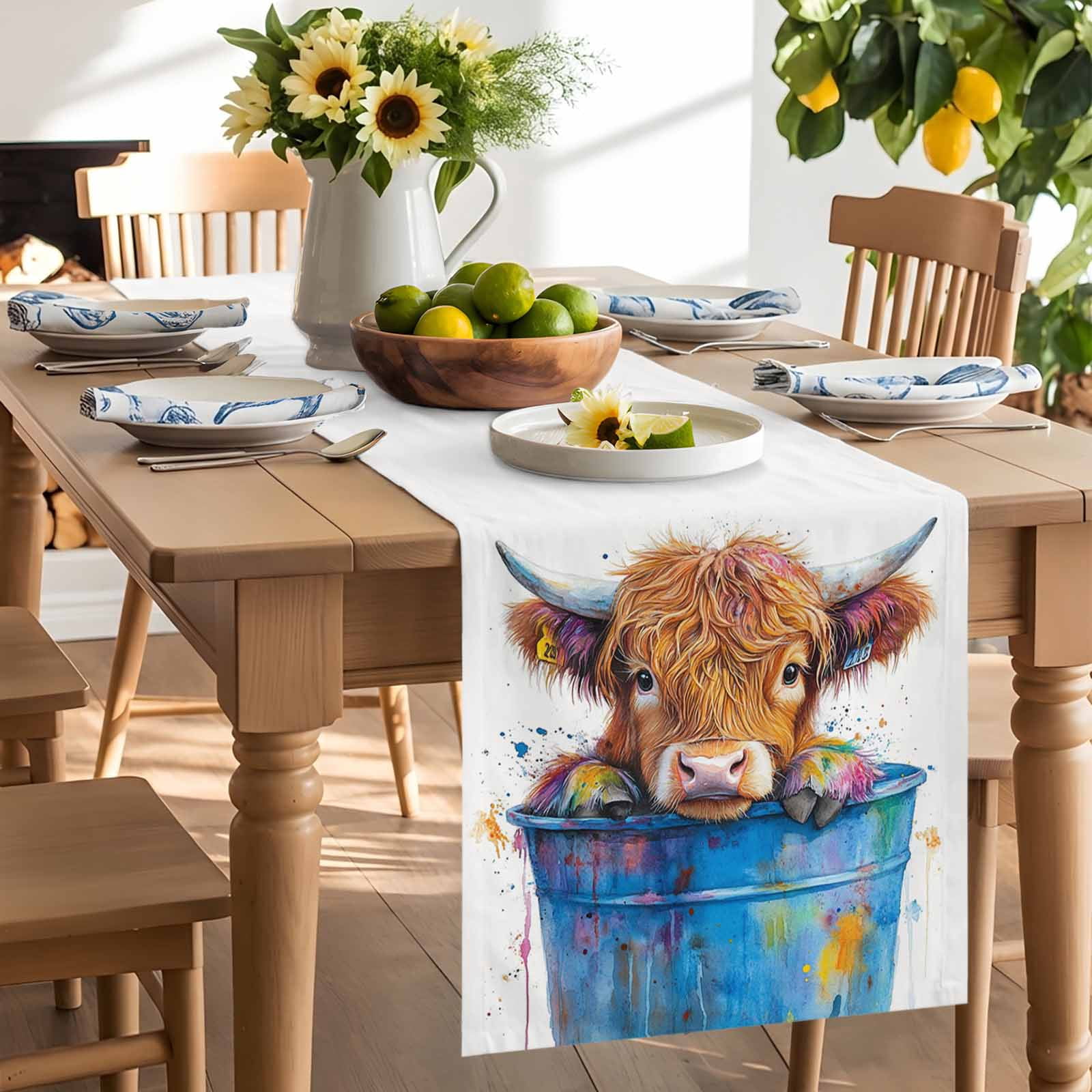 Farm Yak in Blue Bucket Table Runner 90 Inches Long, Abstract Farmhouse Animal Table Runners Tabletop Scarf Kitchen Dining Tables Decoration for Home Party Indoor Outdoor