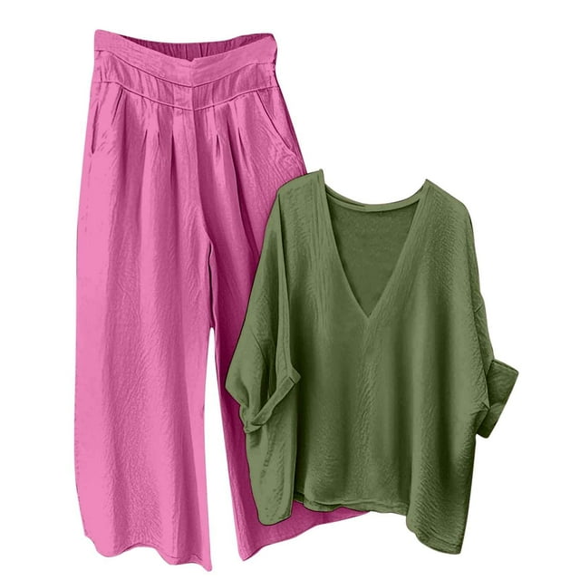Women's Linen Set 2025 - V-Neck Top & Pants | Breathable Summer Loungewear