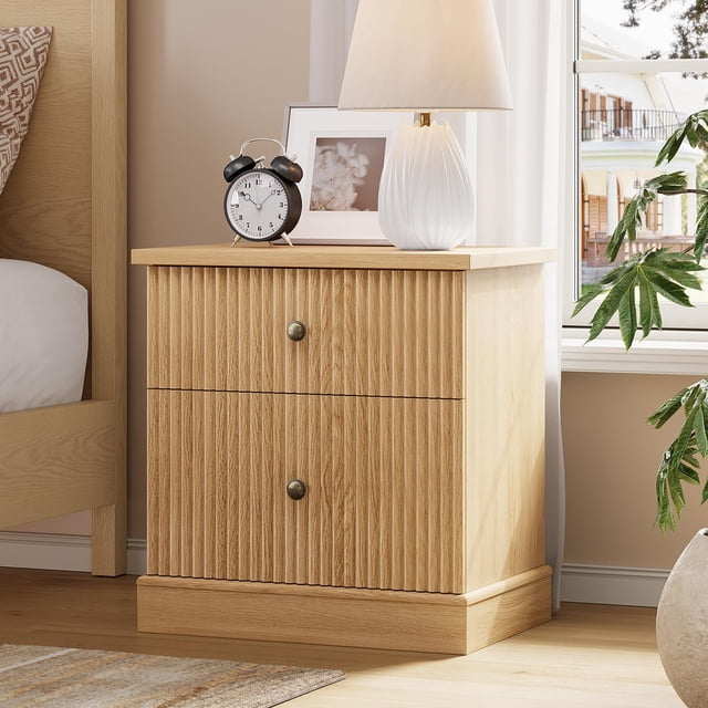 Table de Nuit Cannelée avec 2 Tiroirs, Table de Chevet Mi-Siècle Moderne, Table de Nuit en Bois Brun avec Rangement, Table d'Appoint Gain de Place avec Base Courbée pour Chambre et Salon