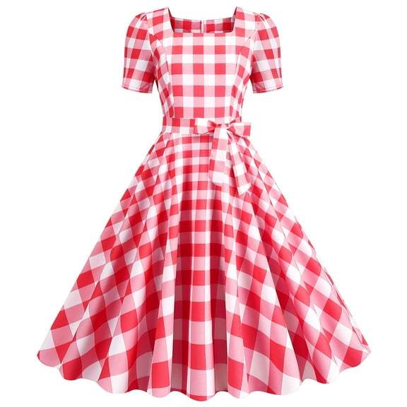 Kaemgyyd Women's 1950s Vintage Dress Square Neck a Line Plaid Printing Dresses Cocktail Party Bow Tie Clubwear