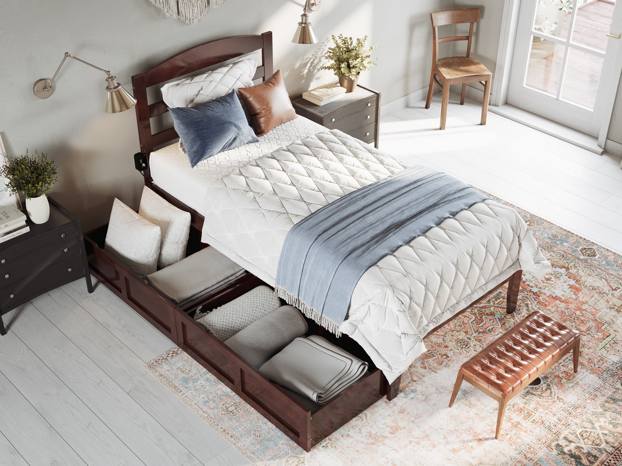 AFI Warren 14" Twin Wood Platform Bed Frame with Set of 2 Storage Drawers, Walnut