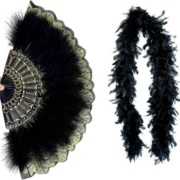 JZROCKER 2pcs Handmade Feathered Fans With Luxurious Black Feathered Boas Accessories For Weddings And Stage Shows