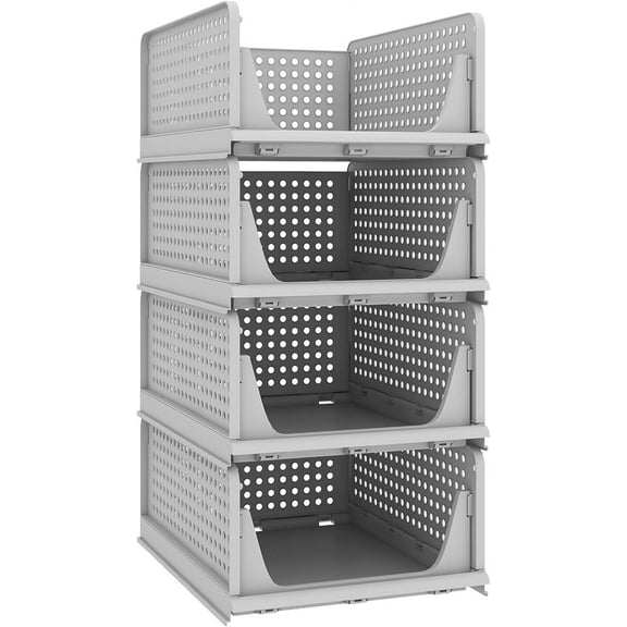 Pinkpum Stackable Plastic Storage Basket, Foldable Closet Organizers and Storage Bins 4 Pack Drawer Shelf Storage Container for Wardrobe Kitchen Bathroom Office Dorm White