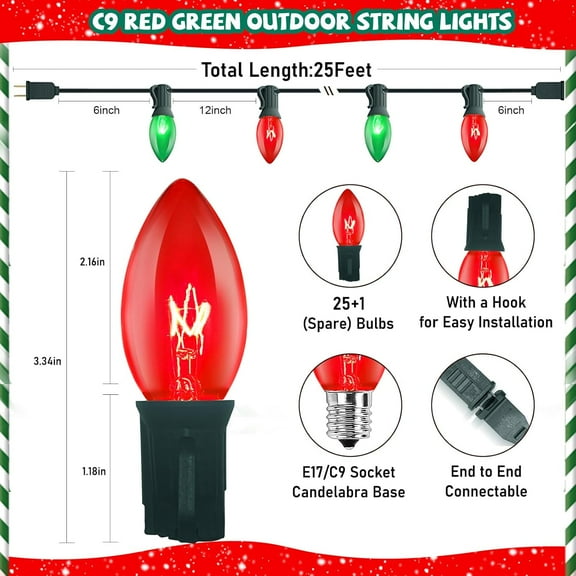 FGERFE-25FT Red and Green Christmas Lights,C9 Incandescent Christmas Lights with 26 Bulbs(1 Spare),Hanging Outdoor Christmas Lights for Home Garden Yard Xmas Tree House Decorations