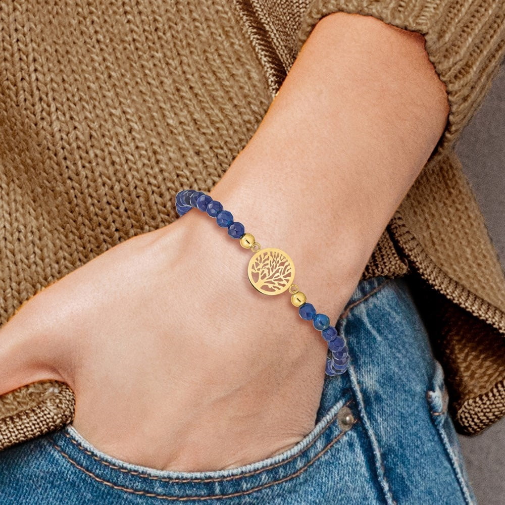 Diamond2Deal Stainless Steel Yellow IP-Plated Tree of Life 4mm Blue Jade Beaded Stretch Bracelet for Women 6.5"