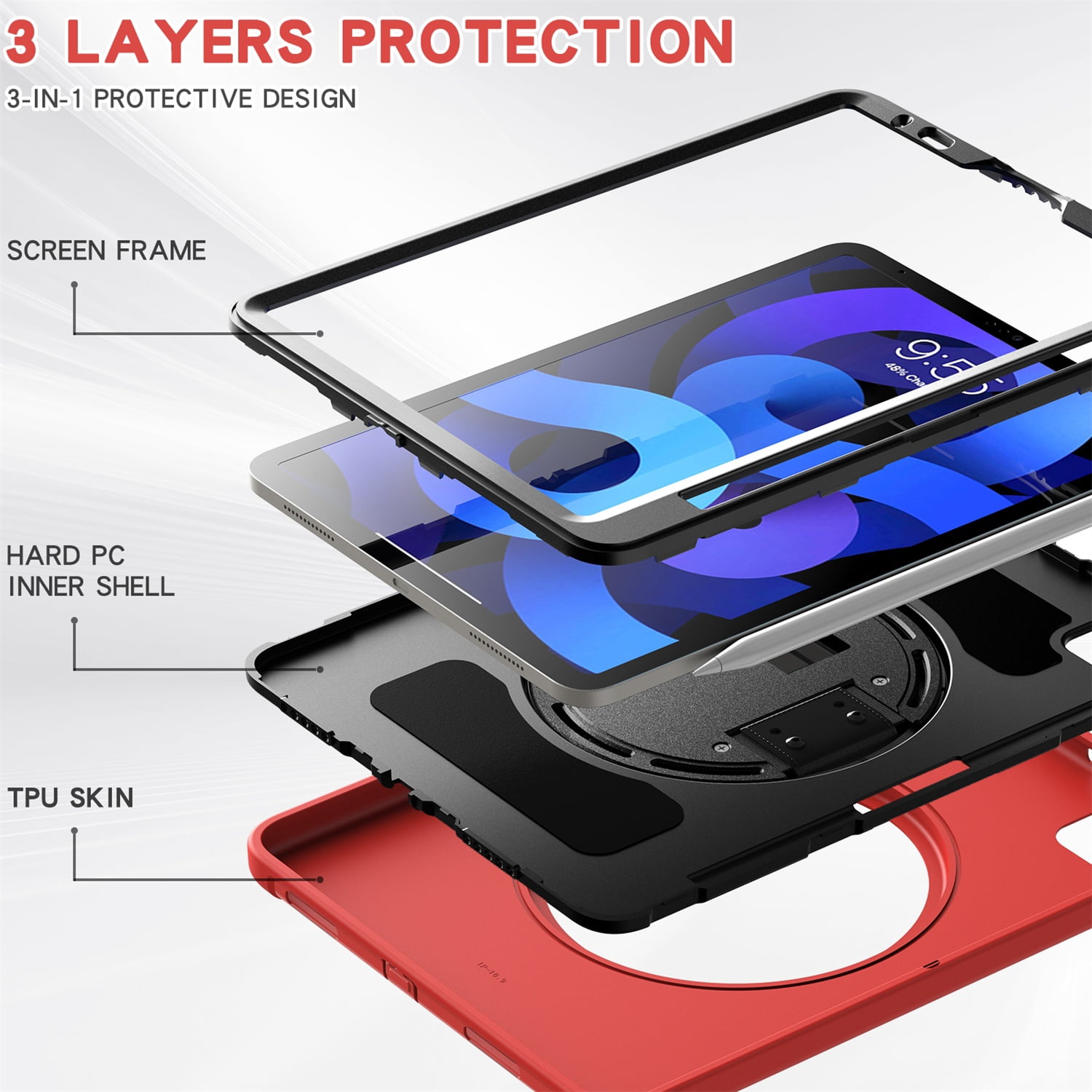SaniMore for Apple iPad Air 11 2024 Case, 3 Layers Multi-Functional Case with Pencil Holder & Hand Strap Multi-Angle Kickstand Shockproof Protective Case for Women Men, Red