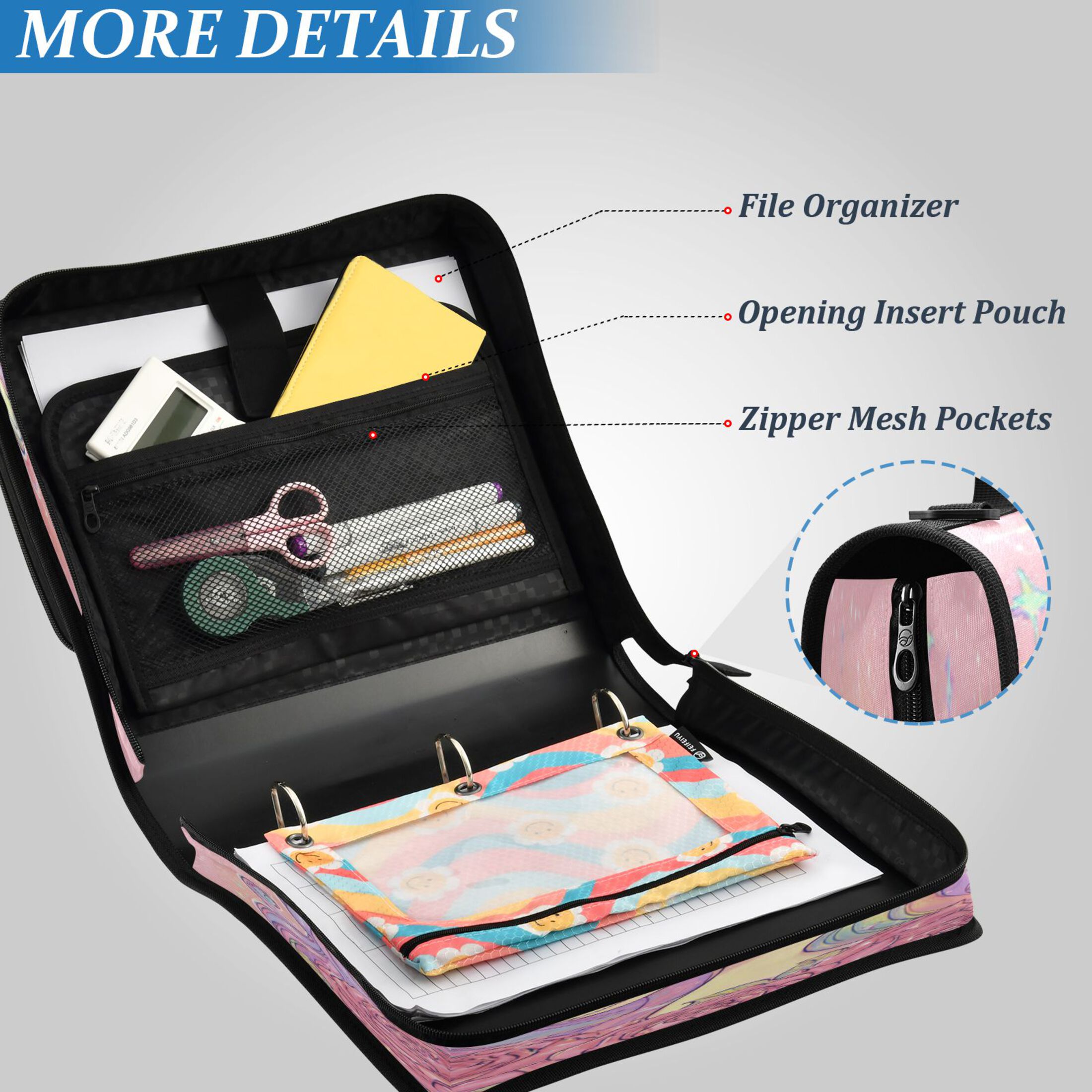 Zipper Binder 3 Rings Stationery Office Files Daily Organizer File Folder Storage Bag Cute Unicorn with Elegant Roses