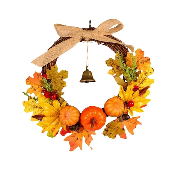 Hovilon Fall Wreaths for Front Door，Artificial Autumn Wreath Harvest Thanksgiving Door Wreath for Front Door with Pumpkins Maple Leaf and Berry，Decorative Linen Knot Wall Hanging（11.8 Inch）