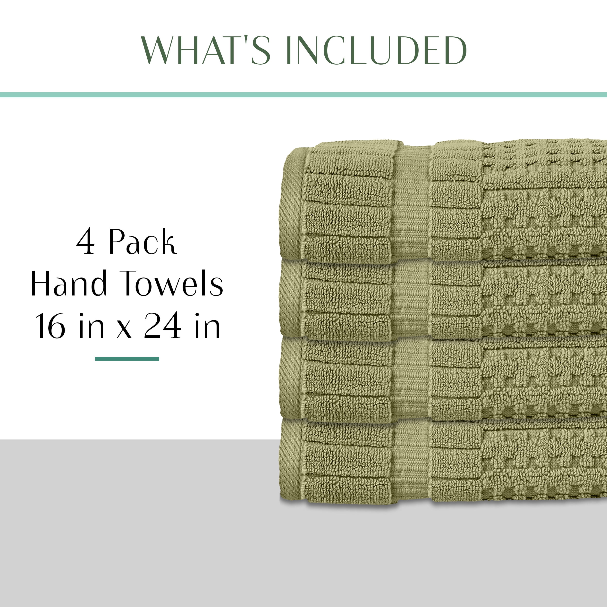 Home Weavers Willow Collection Hand Towels Set of 4 | 100% Cotton Zero Twist | 630 GSM Thick Plush | Soft, Highly Absorbent & Quick Dry | Hotel Quality Luxury Hand Towels | 16x24 Inch | Green
