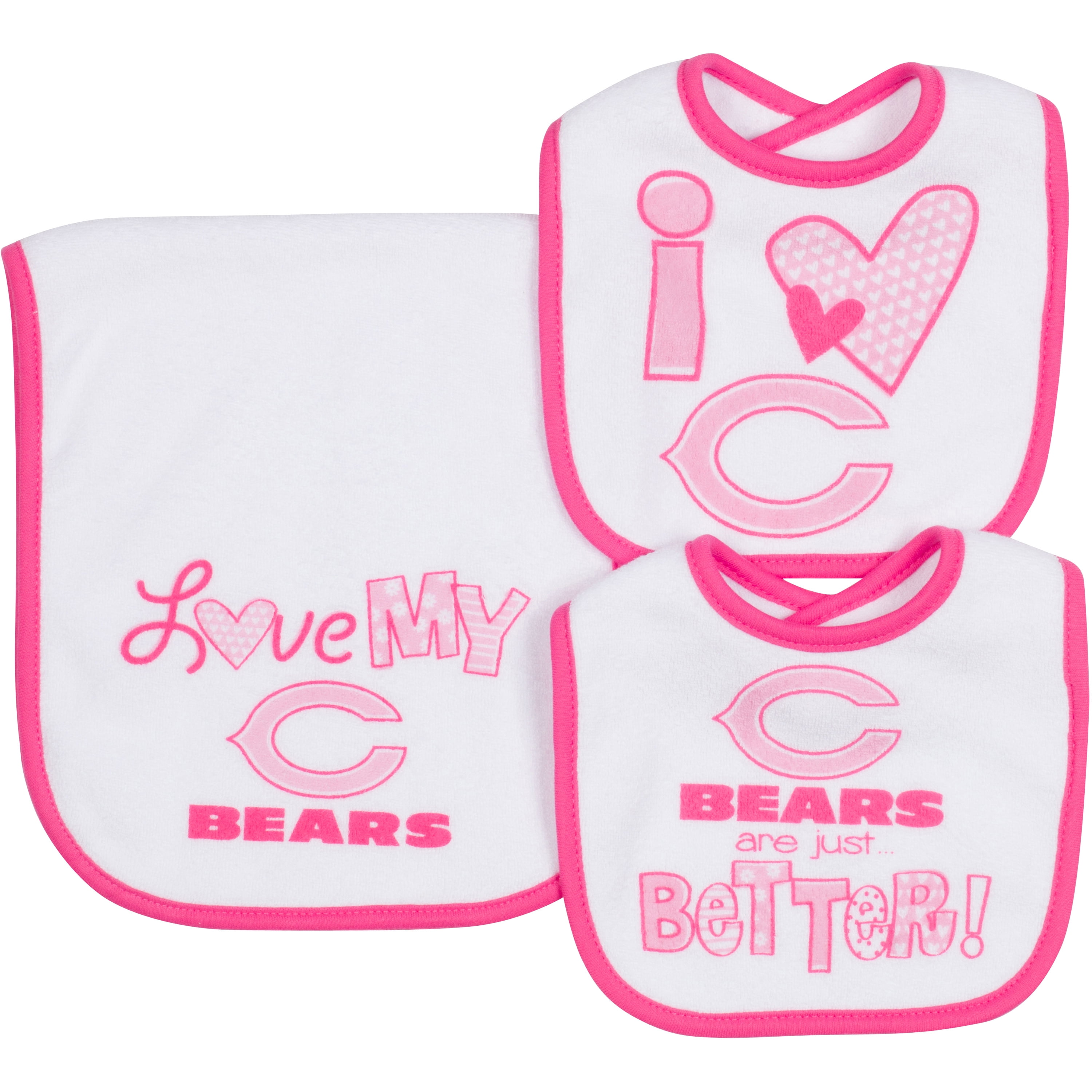 NFL Chicago Bears Girls 2 Dribbler Bibs & 1 Burp Cloth Set, One Size, Pink by Gerber Childrenswear, LLC