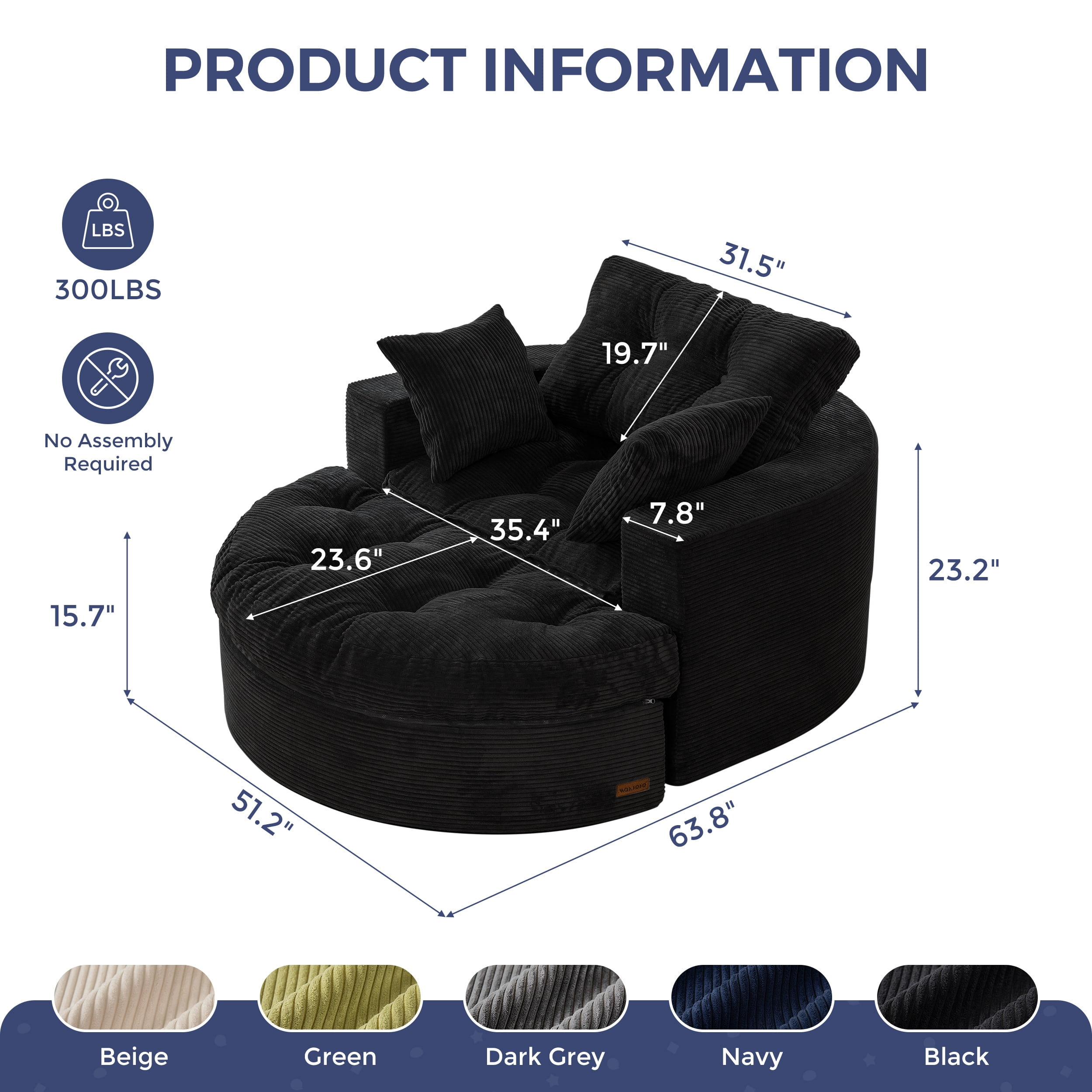 BYBYME 49''Round Chaise Lounge Chair,Corduroy Sofa Bed With Deep Seat,Upholstered Boneless Chaise Indoor,Cozy Sleeper Couch for Living Room with Ottoman,Black