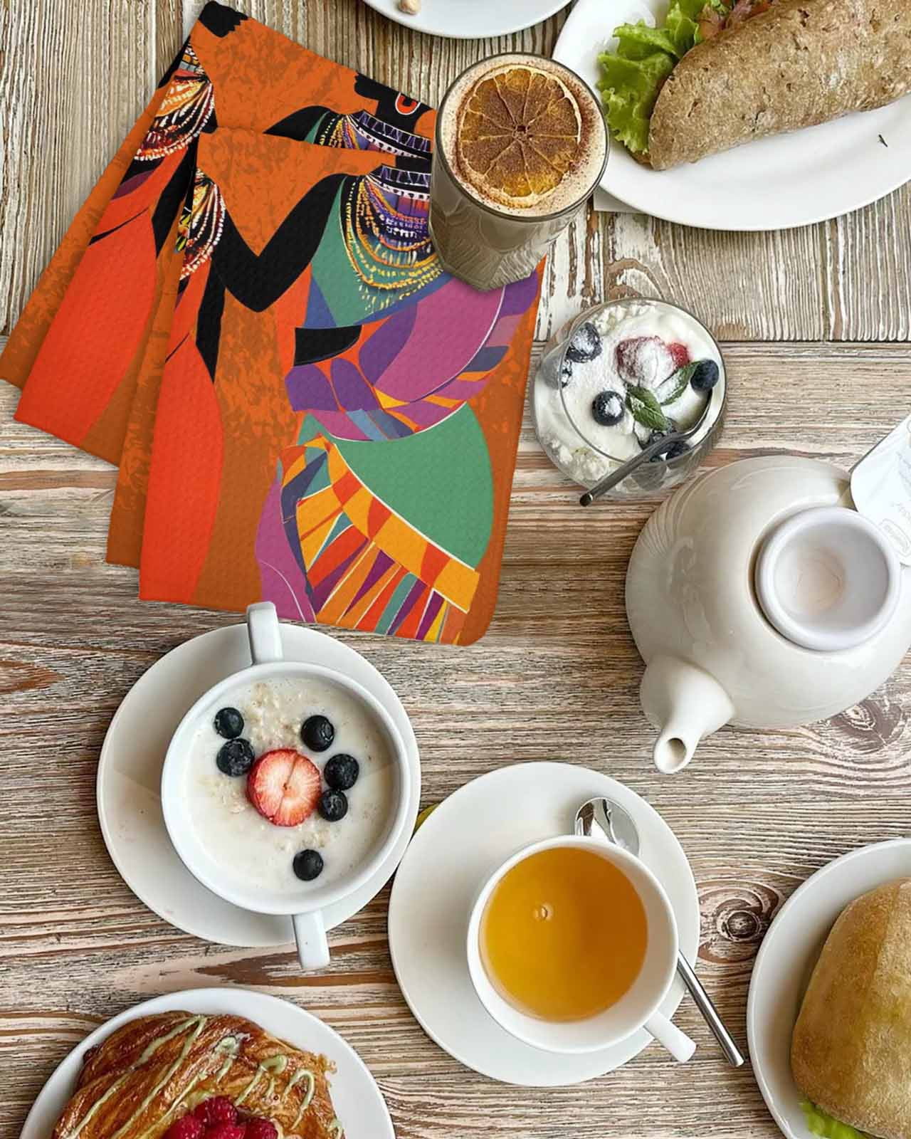Black Orange Girls Boho Hand Towels Set, Waffle Weave Kitchen Towels 4 Pieces, Retro Ethnic Abstract Art Microfiber Hair Face Bath Tea Towel Absorbent Quick Drying Cleaning Dish Cloths 15.7"x23.6"