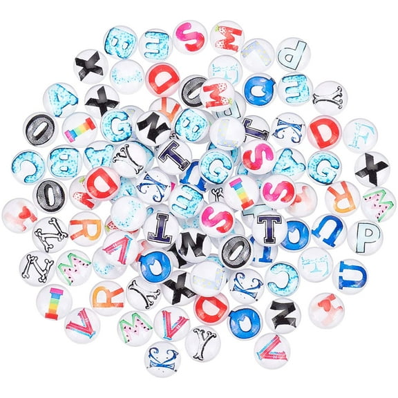Glass 104pcs 26 Capital Letters Glass Cabochons Alphabet A-Z Mosaic Printed Picture Glass Cabochons 12mm Half Round Dome Cabochons Tiles for Photo Pendant Jewelry Making
