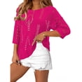 thumbnail image 5 of Crochet Coverups for Women Loose Fit Hollow Out Off the Shoulder Top Summer Beach Travel 3/4 Sleeve Swim Cover Up Hot Pink 2XL, 5 of 7