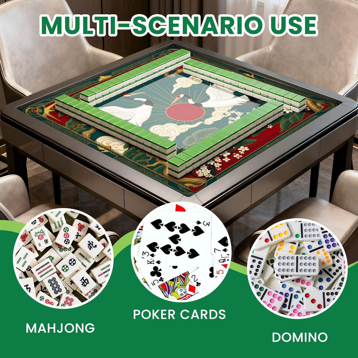 Mahjong Mat 31.5" x 31.5" Elegant Pair Cranes Red Sun Pine Trees Blossoms Traditional Asian Non-Slip Noise Reduction American Mahjong Tiles Table Cover for Dominoes Poker Card Board Games Gift